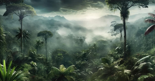 AIcrafted panoramic view of a foggy rainforest