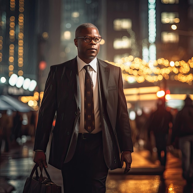 Искусственно созданная фотография афроамериканца в костюме, идущего по освещенной городской улице Концепция бизнесмена