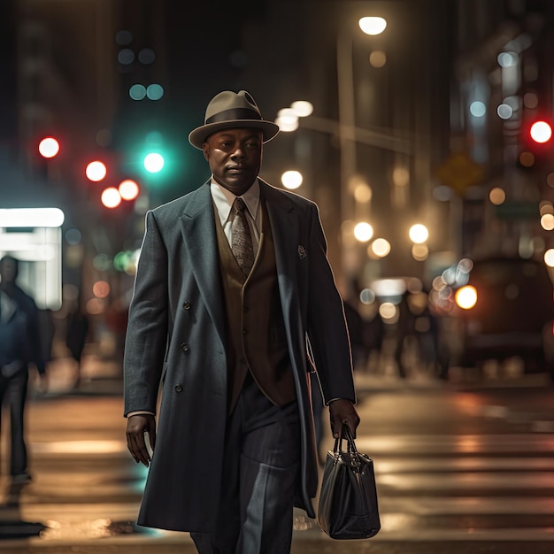 AIcreated photograph of an AfricanAmerican man in a suit walking down a lighted city street Concept of a businessman