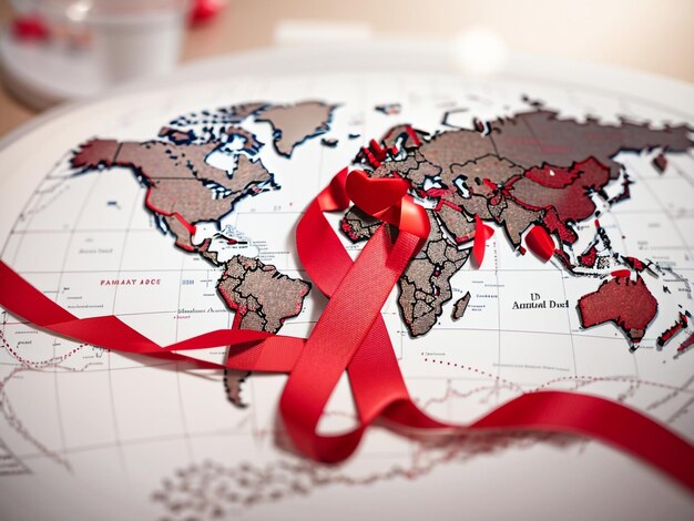 Aids awareness red heart ribbon on world map