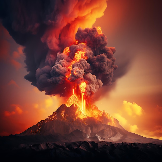 Photo aigenerated ash and lava spewing volcano on sunset background