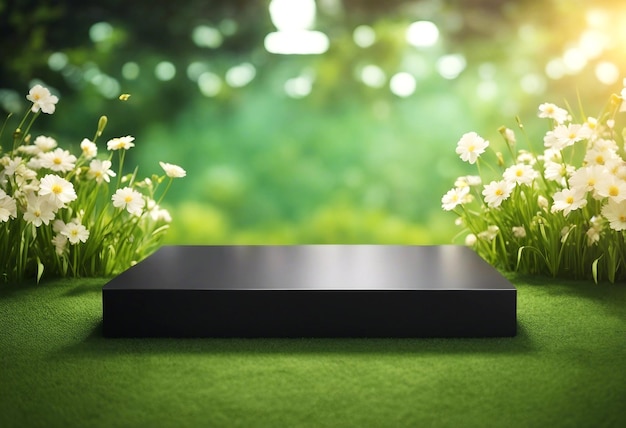 인공지능으로 만들어진 검은색 그라나이트 제품 디스플레이 포디움은 풀꽃과 빛이 있는 녹색 구역에 있습니다.