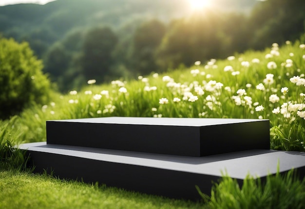 인공지능으로 만들어진 검은색 그라나이트 제품 디스플레이 포디움은 풀꽃과 빛이 있는 녹색 구역에 있습니다.