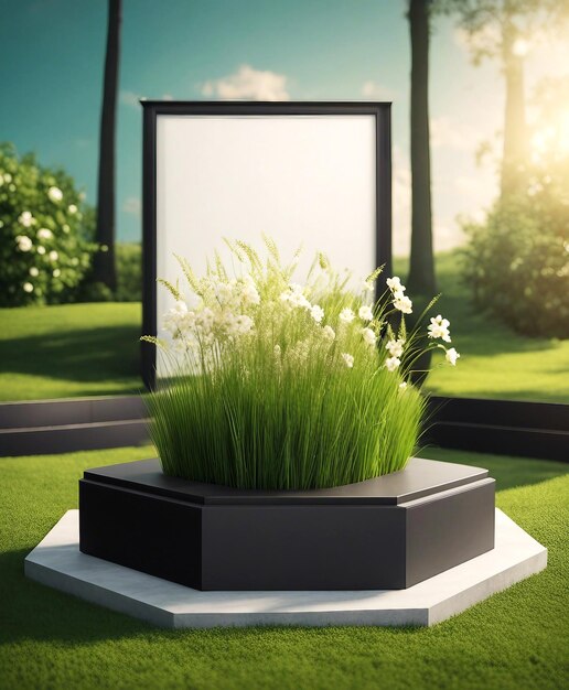 AIgenerated black granite product display podium in a green area with grass flowers and sunlight