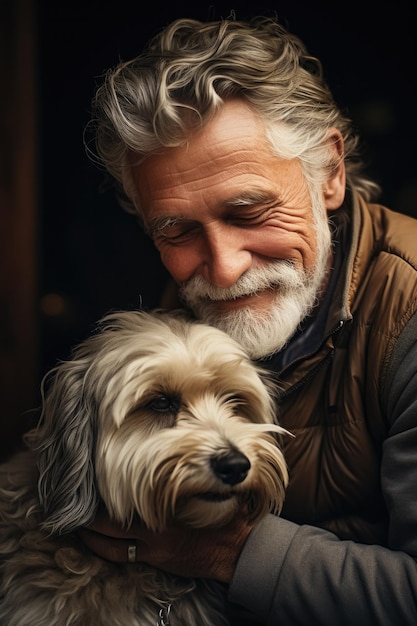 AIgenerated bond between senior man and dog generates affectionate connection indoors