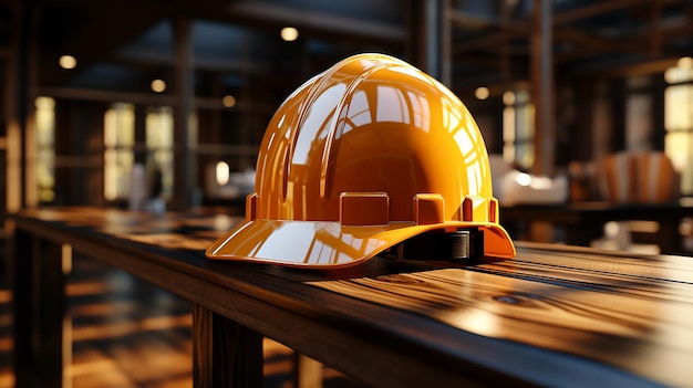 AIGenerated Construction Helmet on Wooden Table (木製のテーブルの上で作られた建設用ヘルメット)