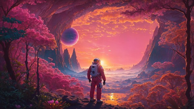 AIgenerated illustration of an astronaut contemplating the landscape of an extraterrestrial world