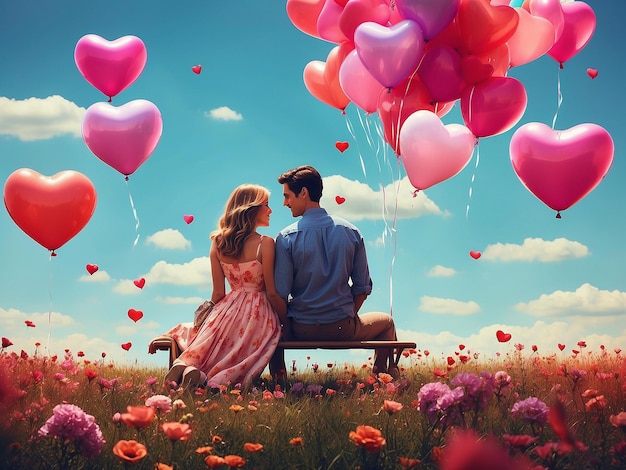 Иллюстрация влюбленной пары, окруженной воздушными шарами