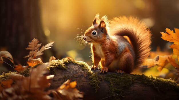 AIgenerated illustration of a fluffy squirrel on a mossy log in a vibrant autumnal forest