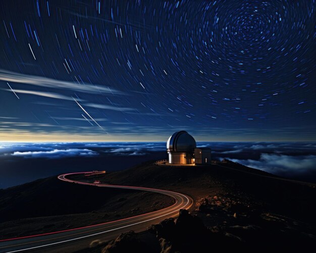 Foto illustrazione generata dall'ai del gemini north telescope su mauna kea che mostra stelle cadenti