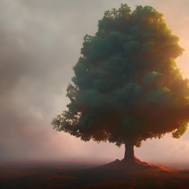 曇りの日の野原の木の AI 生成されたイラスト