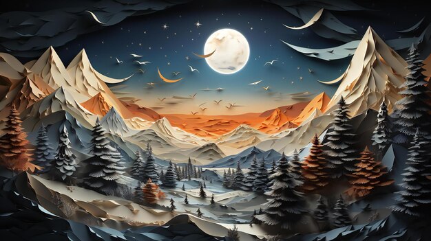 AIgenerated image of a winter landscape in an origami paper quilling style