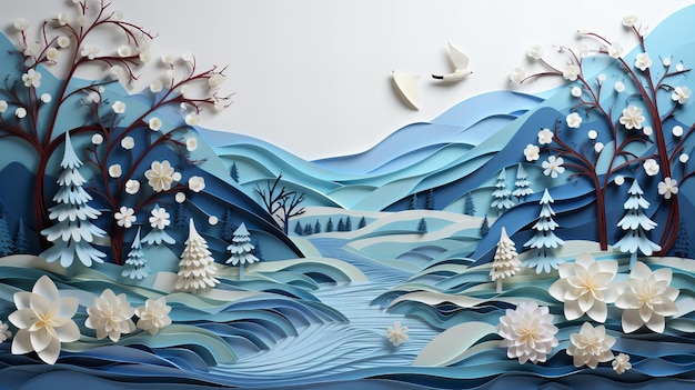 AIgenerated image of a winter landscape in an origami paper quilling style