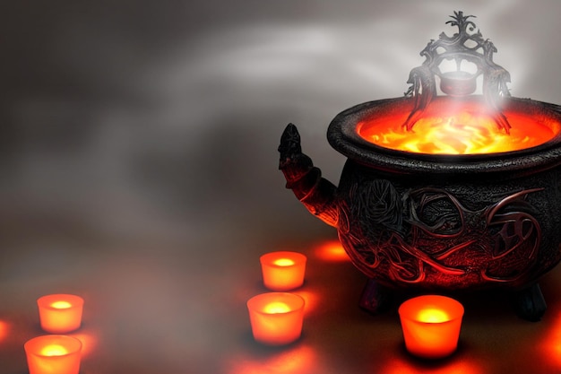 AIgenerated neuraal netwerk en photoshop wijziging afbeelding digitale kunst Heksenketel met helse vlammen en rook rode kaarsen op een donkere achtergrond Halloween kunst met kopie ruimte