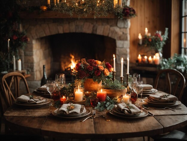 AIgenerated photo of a cozy dinner by the fireplace