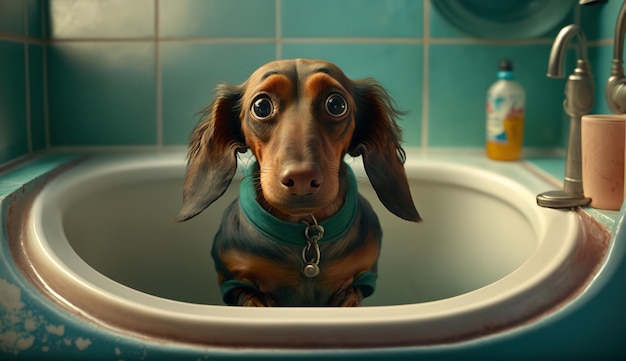 Foto immagine generata da ai di un boston terrier che fa la doccia in un lavandino