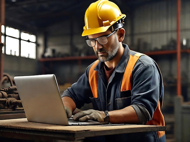 Photo aigenerated realistic image of an industrial worker using a laptop