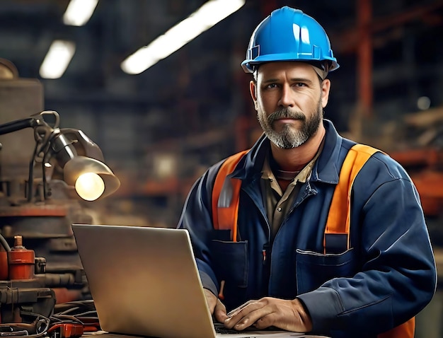 Photo aigenerated realistic image of an industrial worker using a laptop