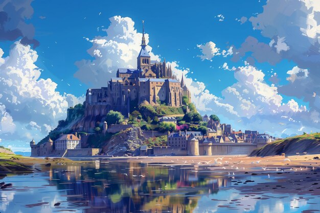 Photo aigenerated serene daytime scene of mont saintmichel with fluffy clouds mirrored in tranquil waters