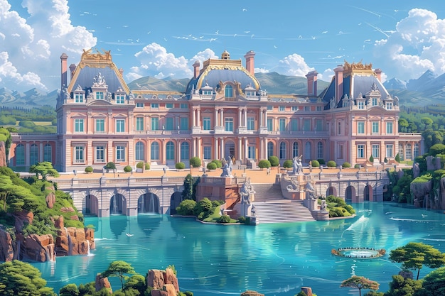 Генерированная ИИ векторная иллюстрация, изображающая Версальский дворец, расположенный над спокойными водами