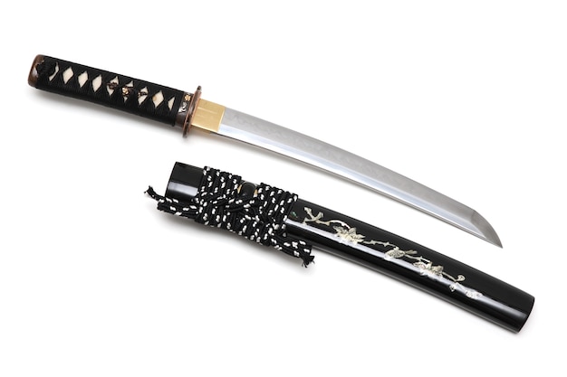 Aigushi or Tanto short Japanese sword with scabbard isolated in white background