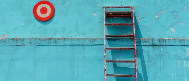 Стремление к успеху Абстрактное художественное изображение лестницы и цели на яркой синей стене