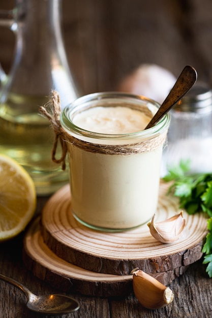 Foto salsa aioli in un barattolo di vetro su un fuoco selettivo di fondo di legno