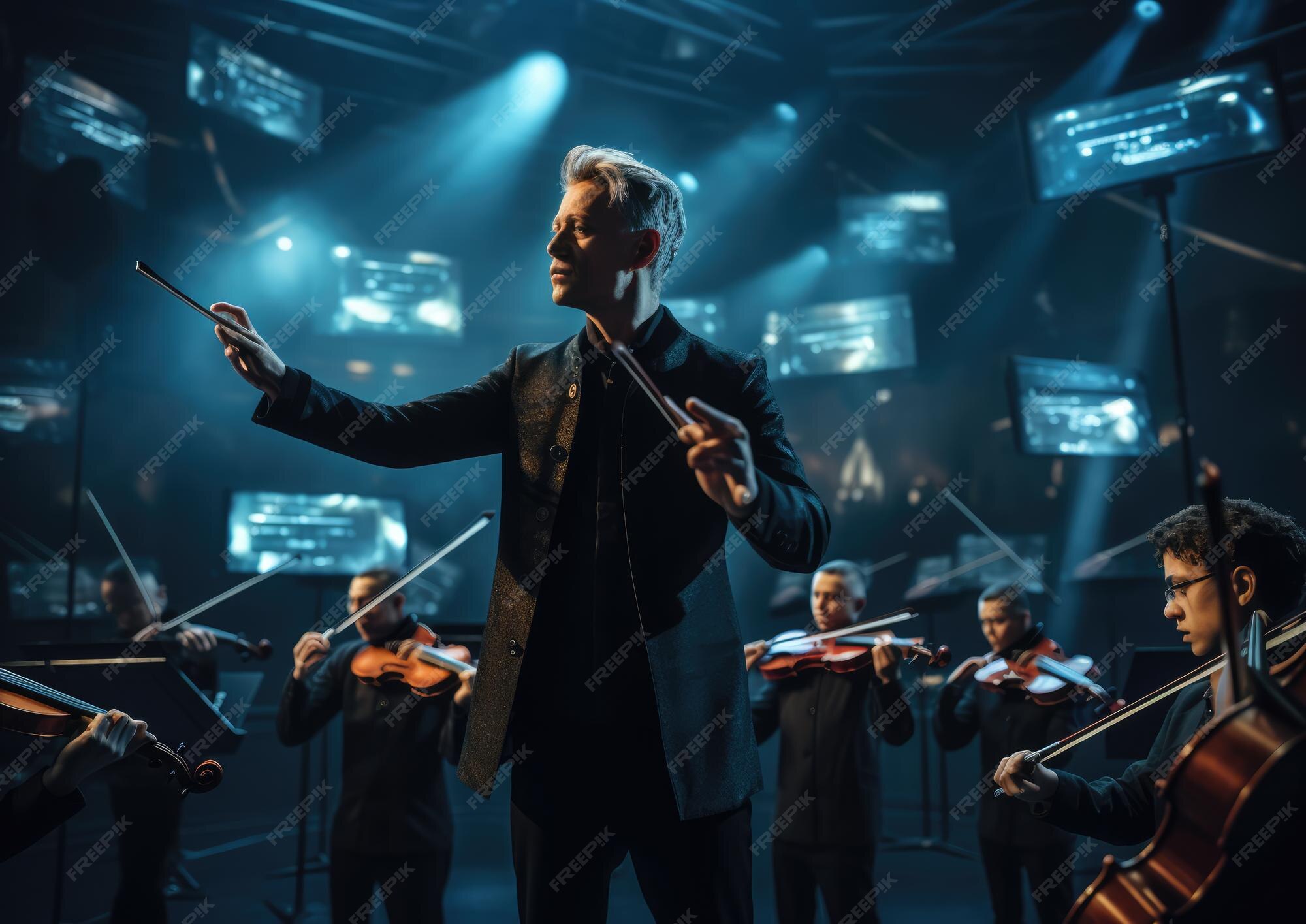  A conductor in front of an orchestra of violinists with a futuristic background represents the harmony of AI-powered marketing campaign analysis and optimization.