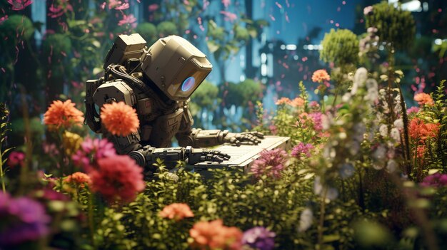 Photo an aipowered robot gardener cultivating pixelated flowers in a virtual eden