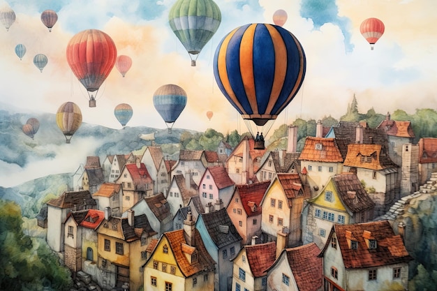 A air balloon is flying over a rural town Watercolor Generative AI illustration