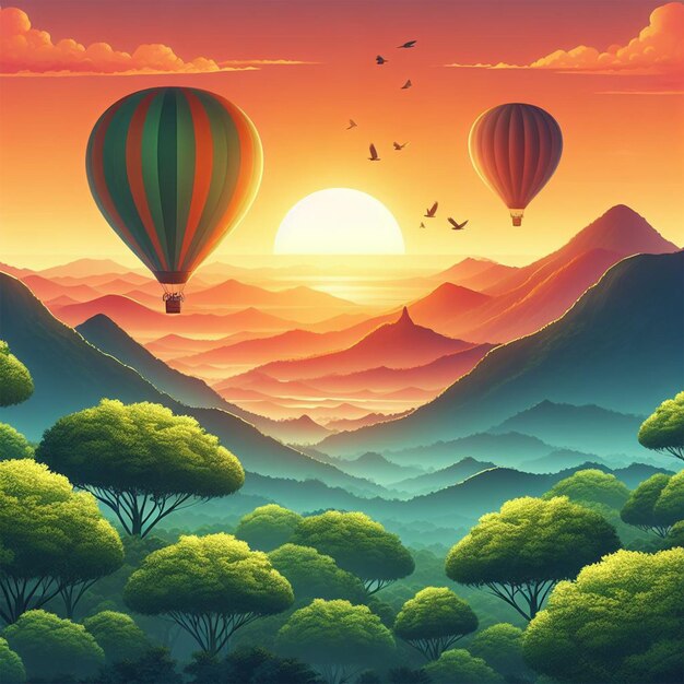 Photo air balloon sun set orange and pink background lush green mountain with round shapes peaks green