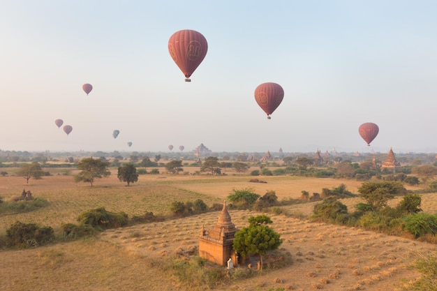 Air balloon above temples of Bagan an ancient city located in the Mandalay Region of Burma Myanmar Asia