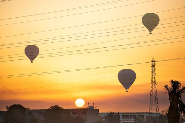 Air balloons over Luxor city at sunrise, Egypt