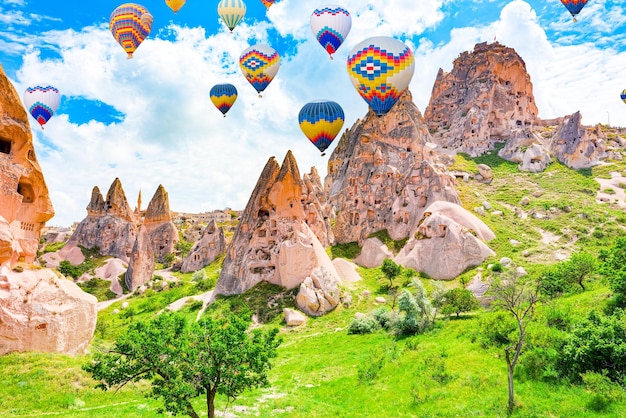 Air balloons in unique natural place in cappadocia valley of love turkiye