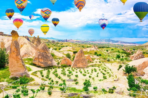 Air balloons in unique natural place in cappadocia valley of love turkiye