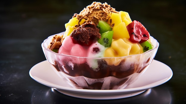 Air Batu Campur A Malaysian dessert with a mix of shaved ice syrup fruits jellies and beans