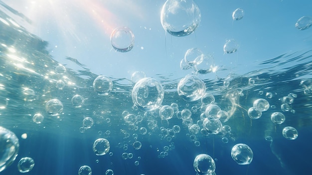 Air bubbles under water with sunlight 3d rendering