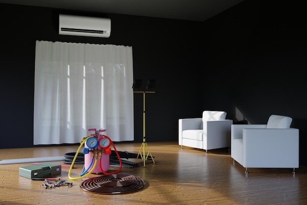 黒い部屋の白いアームチェア3dのマノメーター付きのエアコンとフレオンツール