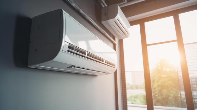 An air conditioner hanging on a wall in a room with a window.