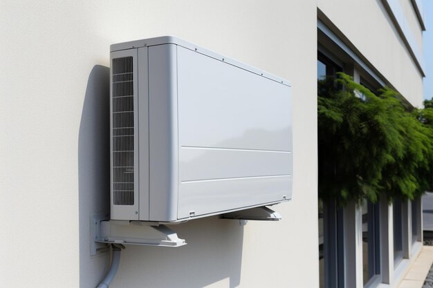 Air conditioner installation on gray wall of building outdoor