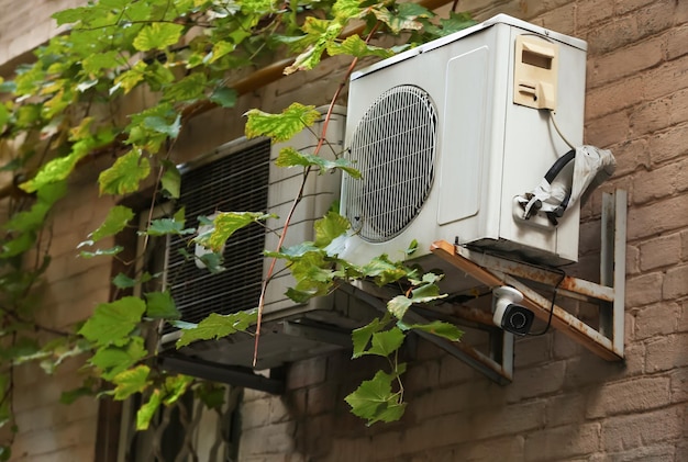 写真 屋外の建物の壁にエアコン