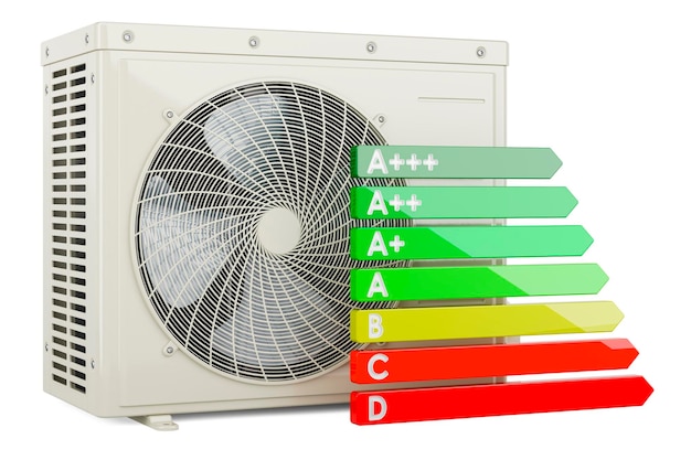 사진 에너지 효율 차트 3d 렌더링을 갖춘 에어컨 실외 압축기 장치