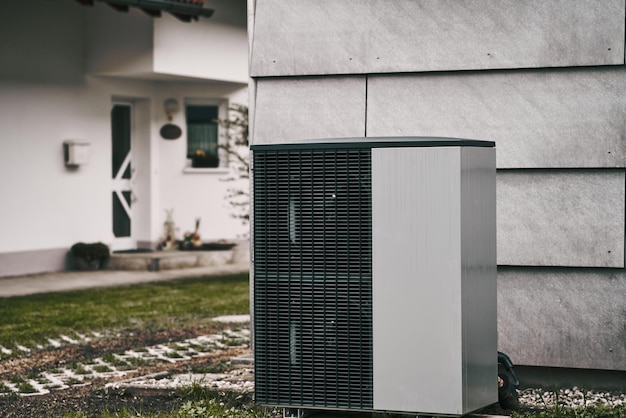 An air conditioner outdoor unit outside of a house in the grass Modern HVAC and heat pump system