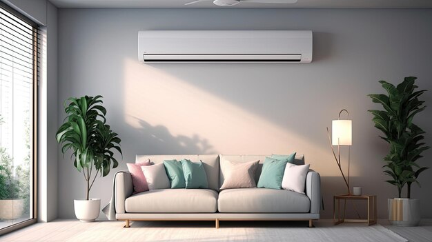 Air conditioner in stylish interior of light living room with sofa generative ai