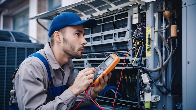 Air conditioner technician checking air conditioner operation