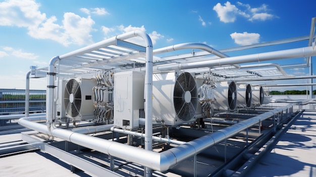 air conditioner and ventilation system in building on background of blue sky