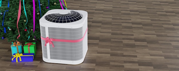 air conditioner with gifts on the background of the Christmas tree 3d