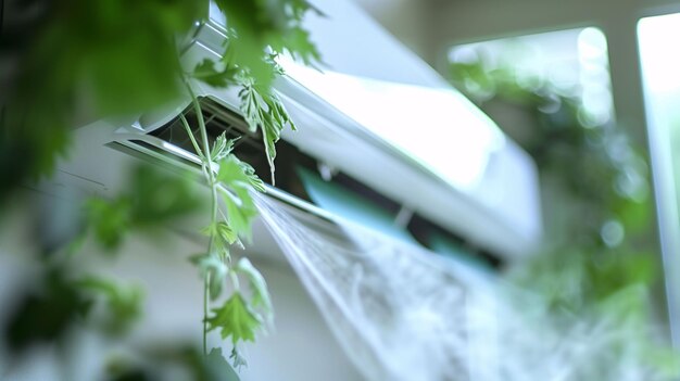 緑の植物で冷たい空気を吹くエアコン