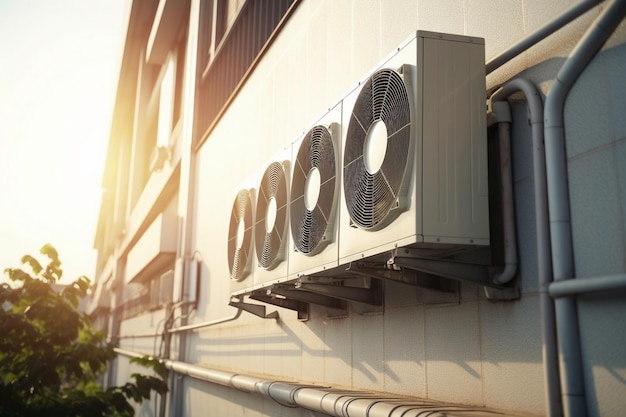 Air conditioners on the wall of the building outdoors Outdoor air conditioners hanging on the wall