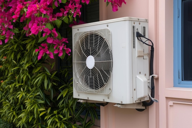 Air conditioning unit compressor on building wall outside